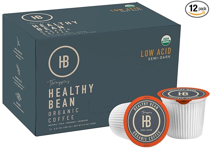 Healthy Bean Low Acid Coffee Pods - Superfood Infused, USDA, Organic Low Acid Coffee, Mold Free Coffee Pods - Clean, Healthy - Mycotoxin Free Coffee - Semi-Dark Roast, 12 Pack