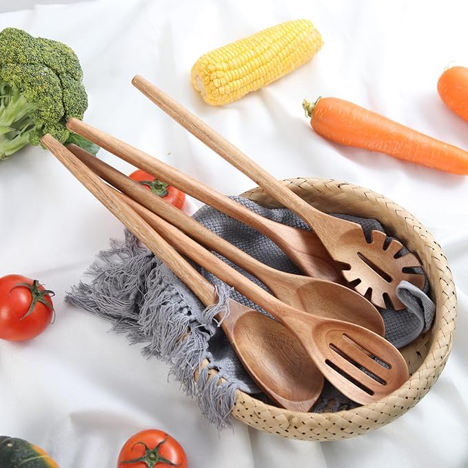 2PCS Acacia Wooden Spoons For Cooking-14 Inch Smooth Finish Cooking Spoons-Comfortable Grip Wood Spoons for Cooking - Non-Stick Cooking Utensils (Spoon + Corner spoon)