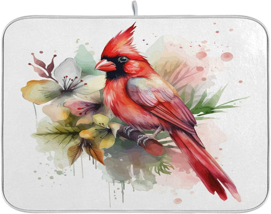 Cute Cardinal Christmas Dish Drying Mat for Kitchen Counter Absorbent Microfiber Drying Pad, Large 18x24 in, Reversible Drainer Mats