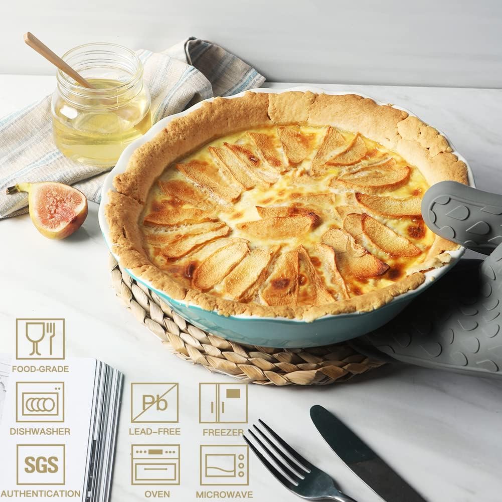 Sweejar Ceramic Pie Pan - 10 Inch Round Baking Dish for Dinner, Non-Stick with Soft Wave Edge for Apple, Pumpkin, Pot Pies (Turquoise)