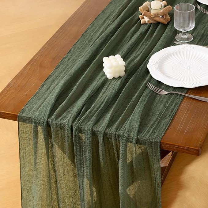 Socomi Green Cheesecloth Table Runner Olive Fall Thanksgiving Gauze 120 Inch Rustic Boho Cheese Cloth Runner for Wedding Party Baby Bridal Shower Centerpiece Decoration Holiday Home Decorations