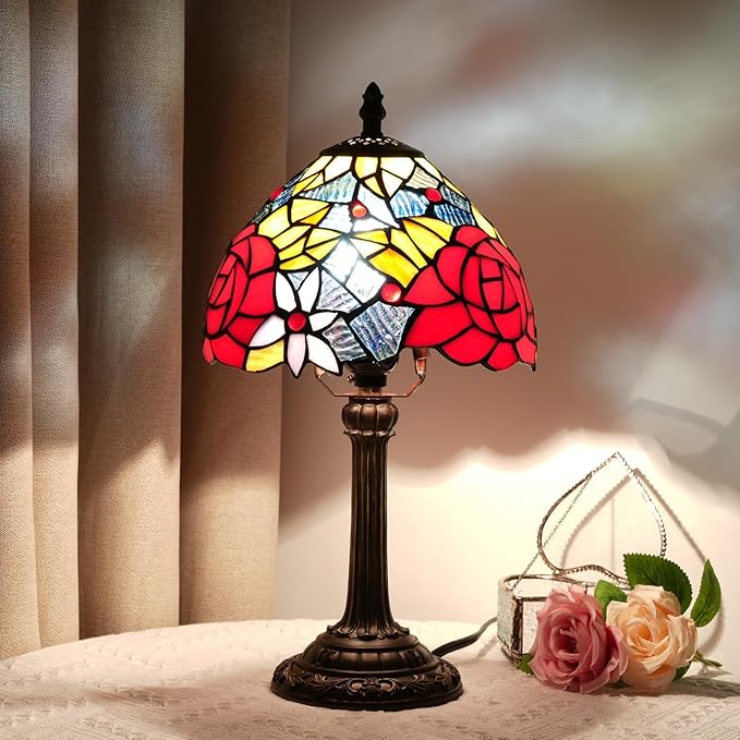 Tiffany Lamp - Red Rose Stained Glass Table Lamp 8x8x14 Inches - Red Rose Style Desk Reading Light - Bedroom & Living Room Decor