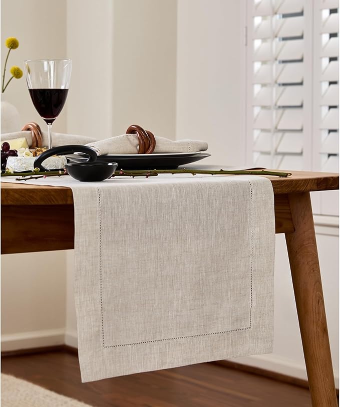 Solino Home Linen Light Natural Table Runner 132 Inches Long - 100% Pure Linen Extra Long Table Runner 14 x 132 Inch - Classic Hemstitch
