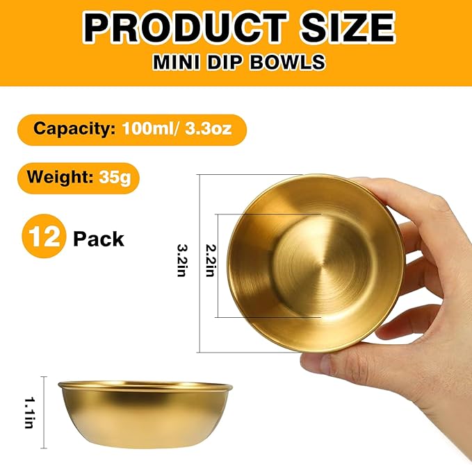 12 Pack 3.2 Inch Gold Stainless Steel Dipping Bowls – Small Bowls for Dips, Soy Sauce, Condiments, Appetizers, Facial Bowl for Esthetician Use