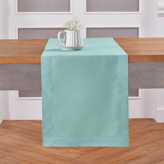 Solino Home Cotton Linen Table Runner 48 Inches - Pastel Turquoise Hemstitch Table Runner 14 x 48 Inch Ideal for Dresser and Coffee Tables