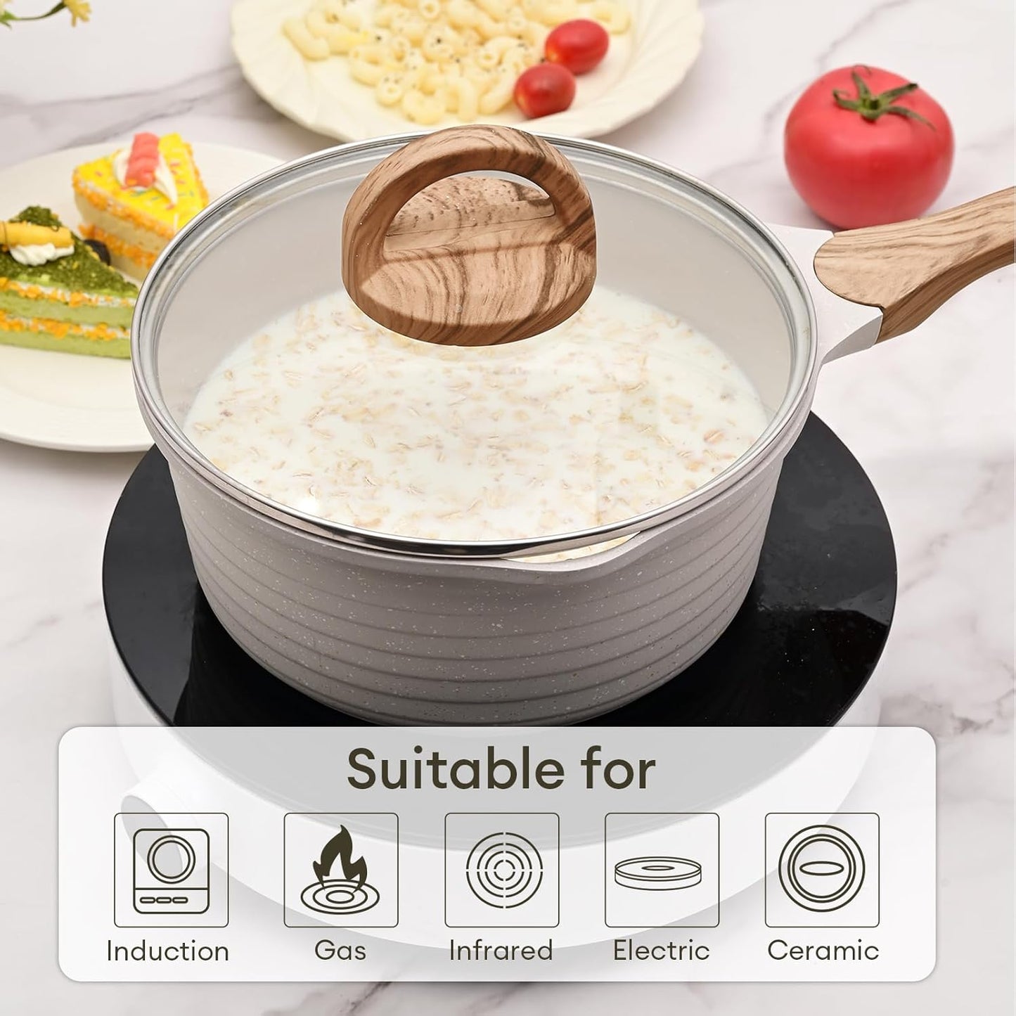 JEETEE 2 Quart Sauce Pan with Lid, Non Stick Small Pot with Coating, Masterclass Cookware Sauce Pot for Cooking, PFOA/PFOS Free(Beige)
