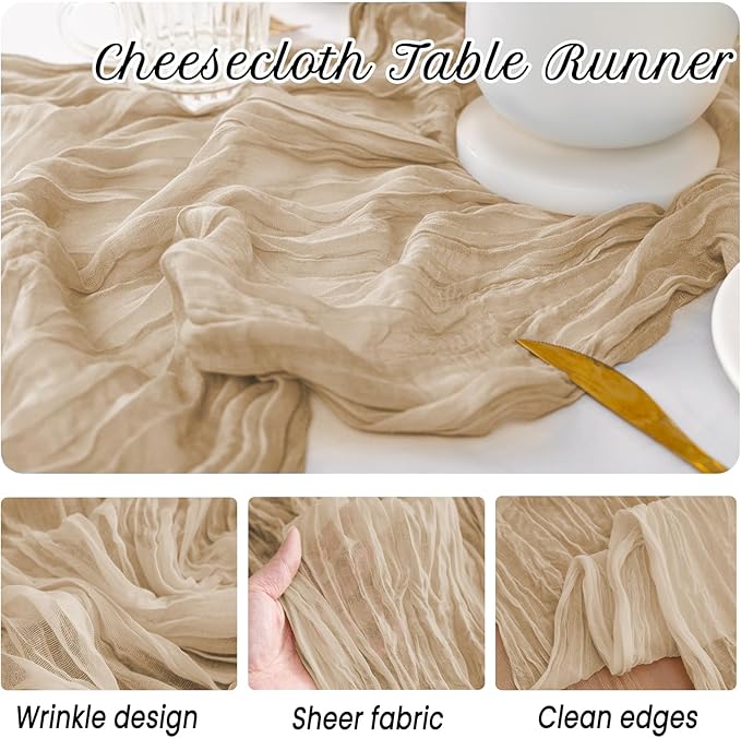 12 Pack Beige Table Runner 10FT Cheesecloth Table Runner 21 x 120 inch Boho Gauze Cheese Cloth Table Runner Rustic Sheer Table Runner for Party Wedding Bridal Baby Shower Birthday Table Decor