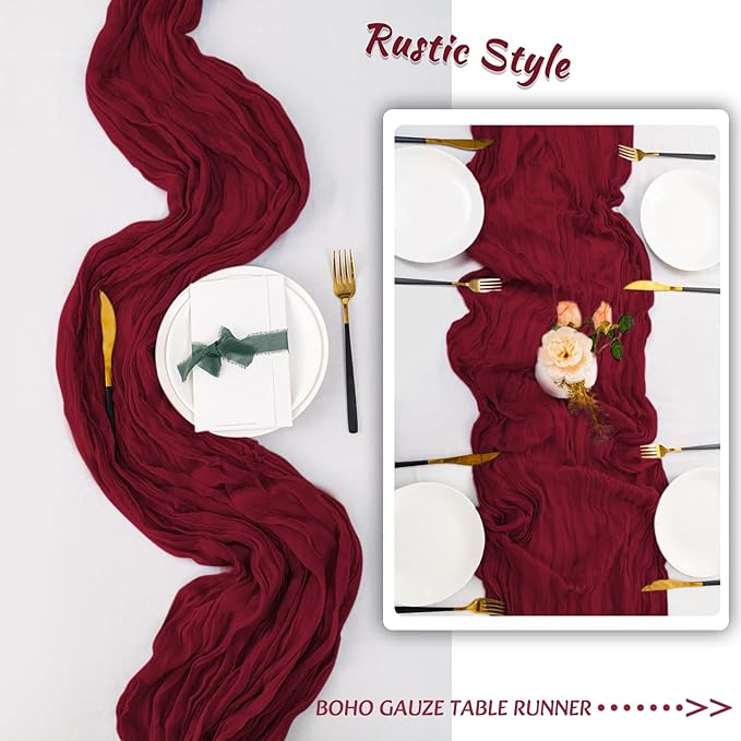 12 Pack Burgundy Table Runners 10FT Cheesecloth Table Runner 21 x 120 inch Boho Gauze Cheese Cloth Table Runner Rustic Sheer Table Runners for Party Wedding Bridal Baby Shower Birthday Table Decor