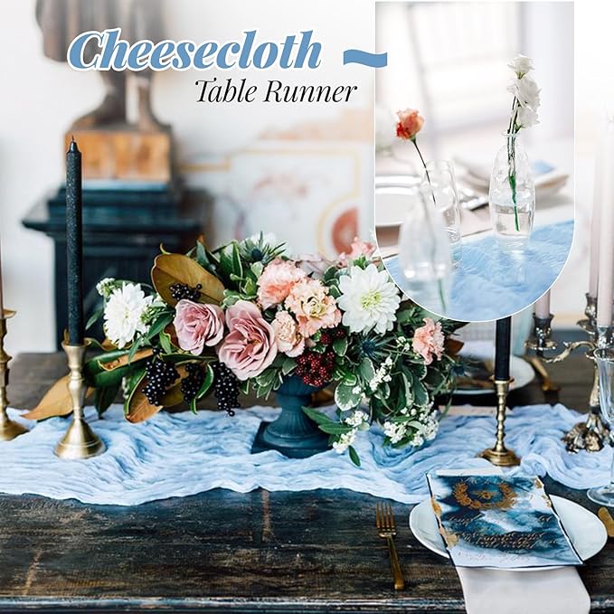Aktor 6 Pack Baby Blue Cheesecloth Table Runner 10Ft Gauze Table Runner Boho Semi Sheer Cheese Cloth Fabric Runners for Wedding Birthday Baby Shower Party Table Decoration（Baby Blue）