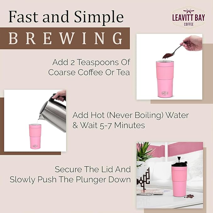 Portable French Press Travel Mug – Insulated Stainless Steel French Press Mug for Hot or Cold Brew – Durable Travel Coffee Maker – On-the-Go Tea & Coffee Maker (Pink)