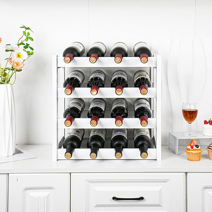 VASMIA Wine Rack, 4-Tier Bamboo Wine Racks Countertop,Sturdy and Durable Wine Storage Cabinet Shelf,16 Bottles Wine Holder for Kitchen Pantry, White