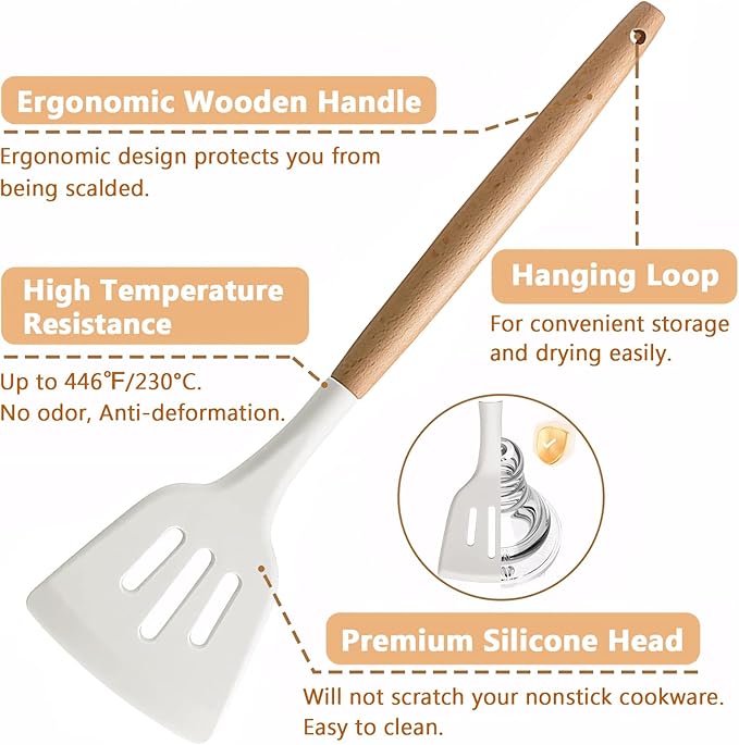 Silicone Kitchen Utensils Set of 5, Cooking Utensil Set with Heat Resistant Wooden Handle Non-Stick Silicone Spatula Spoon Turner Ladle, BPA FREE Cooking Kitchen Gadgets for Cookware & Baking