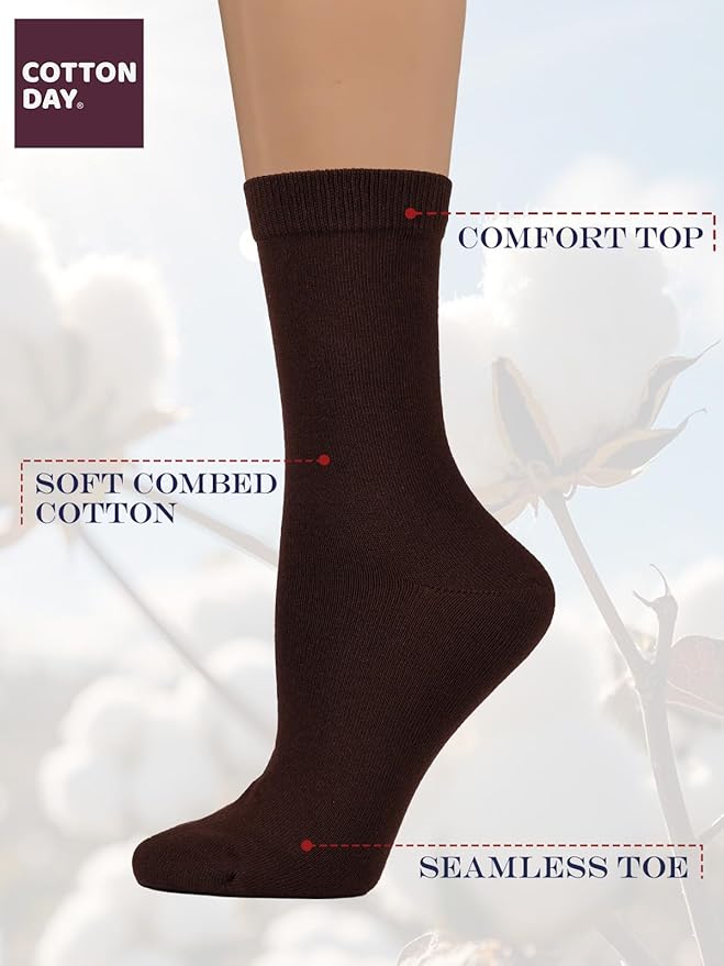 COTTON DAY Women's Soft Combed Cotton Dress Socks Seamless Toe Black White Gray Navy Blue Brown Beige