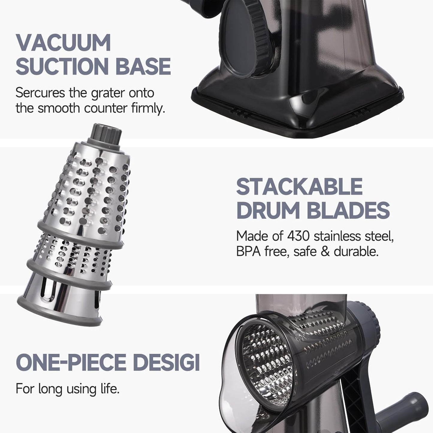 Rotary Cheese Grater Hand Crank Cheese Shredder Vegetable Mandoline Slicer for Kitchen 3 in 1 Changeable Blades for Cheese Potato Nuts Chocolate Ice （Grey TSP)