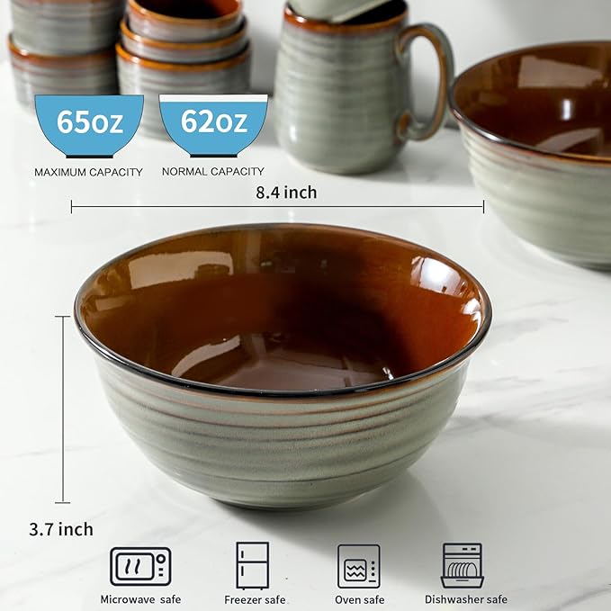 Mixing Bowls 65oz,Large Deep Ceramic Bowls for Prep, Baking,Salad, Pasta, Ramen, Popcorn,Serving Bowls for Baking, Cooking, Kitchen, Party，Dinner,Microwave & Dishwasher Safe Set of 2,Brown