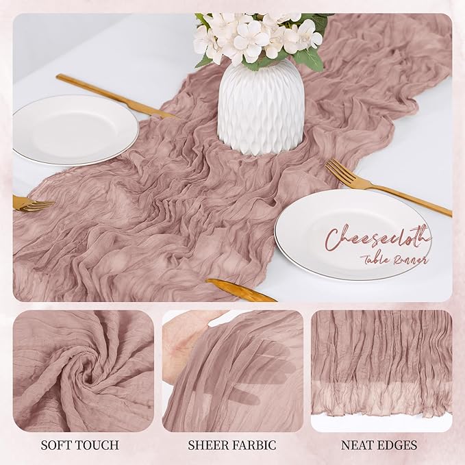 12 Pack Dusty Pink Cheesecloth Table Runner 17x108 Inch Semi Sheer Boho Gauze Cheese Cloth Fabric Table Runners, for Wedding Party Baby Shower Birthday Home Decor Garden Farmhouse