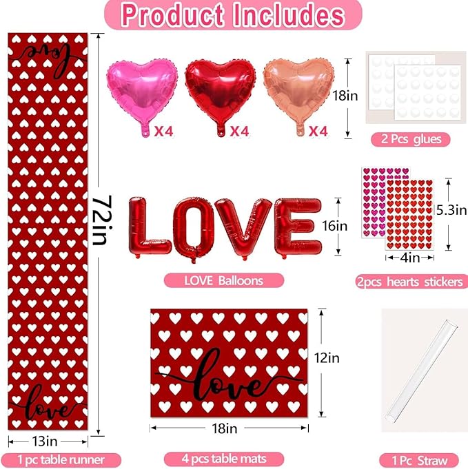 Red Love Heart Valentine's Day Table Runner 13"x72" & 4 Pcs 12"x18" Placemats Sets with 12 Heart Balloons, Love Letter Balloons, Stickers & Blowing Straw for Home Party Decor