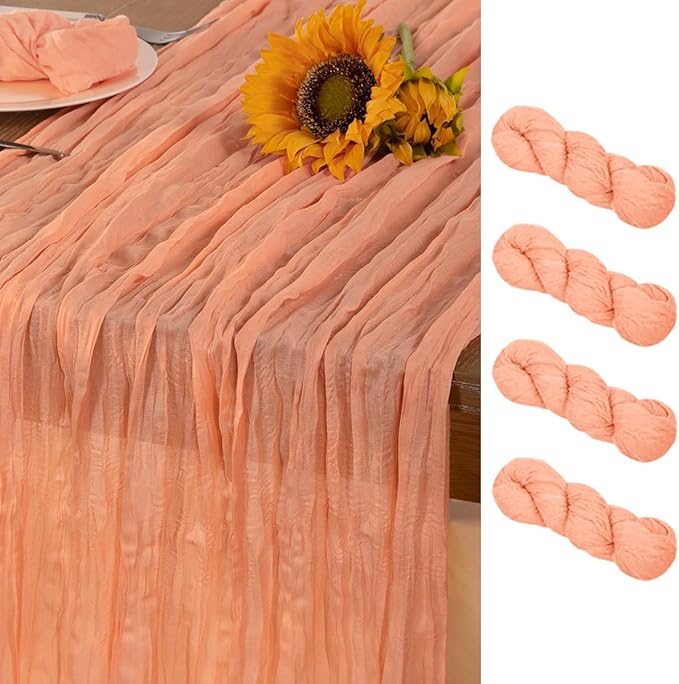 Peach Cheesecloth Table Runner 4 Pack Christmas Table Runners Boho Gauze 120 Inches Cheese Cloth Table Decor for Sweet Little Peach Baby Shower Wedding Bridal Xmas Holiday Season Decor