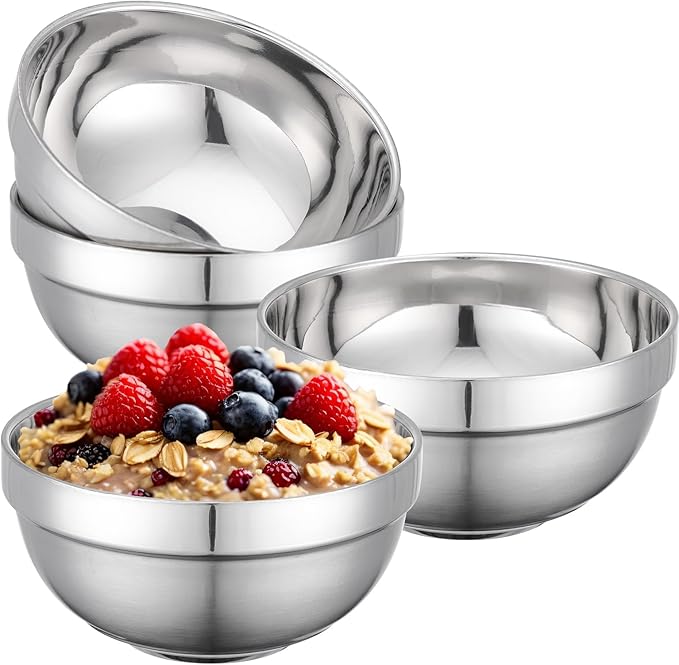 Stainless Steel Bowls, 4 Pack 5.1in 15.9oz 470ml Mini Small SUS304 Double Wall Insulated Stackable Metal Eating Bowl Containers for Serving Snacks Ice Cream Soup Cereal Food Rice Salad
