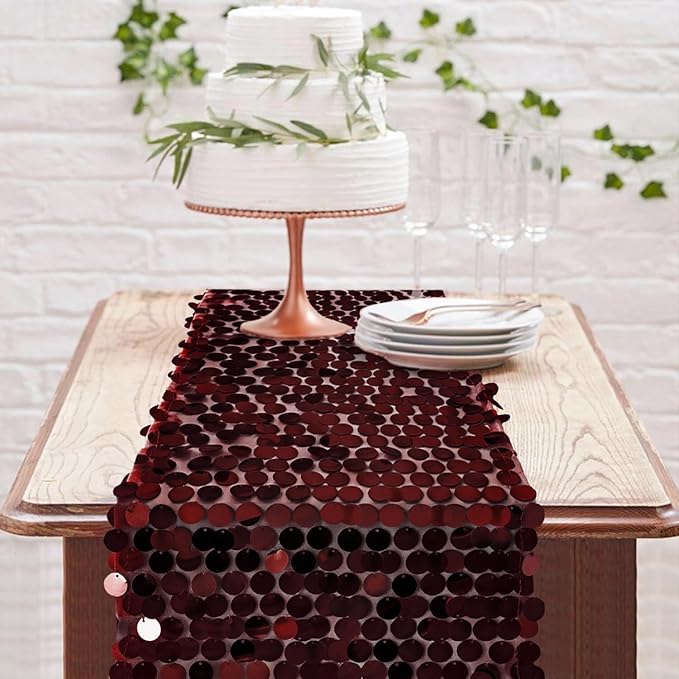 12 x 108 Inch Burgundy Sequin Table Runner Glitter Rectangle Big Sequin Table Runner for Wedding Party Birthday Christmas Halloween Decoration (1 Pack)