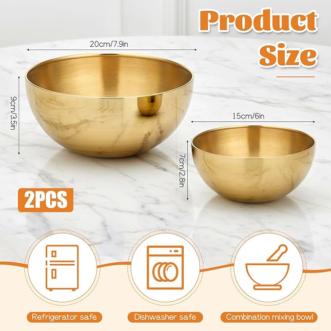 Stainless Steel Mixing Bowls, Gold Salad Bowls, Decorative Esthetician Bowl for Mixing, Cooking, Baking, Prepping, 5.9 and 7.9 Inch(Gold)