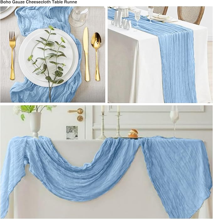 12 Pack Light Blue 10 Ft Cheesecloth Table Runner 21x120 Inch Boho Wrinkled Sheer Romantic Gauze Decor for Wedding, Bridal Shower, Birthday Party
