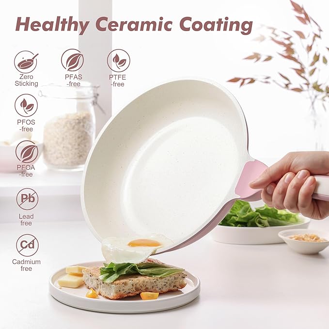 SENSARTE Nonstick Ceramic Frying Pan 9.5-Inch, Healthy Non Toxic Skillet, Induction Compatible Omelet Pan with Heat Resistant Handle, PFAS-Free, Sakura Pink