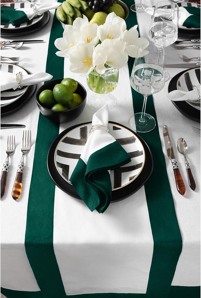 Solino Home Linen Table Runner 36 Inches - 100% Pure Linen Rainforest and White Small Table Runner 14 x 36 Inch Ideal for Dresser and Coffee Tables - Contempo - Christmas, Winter, New Year