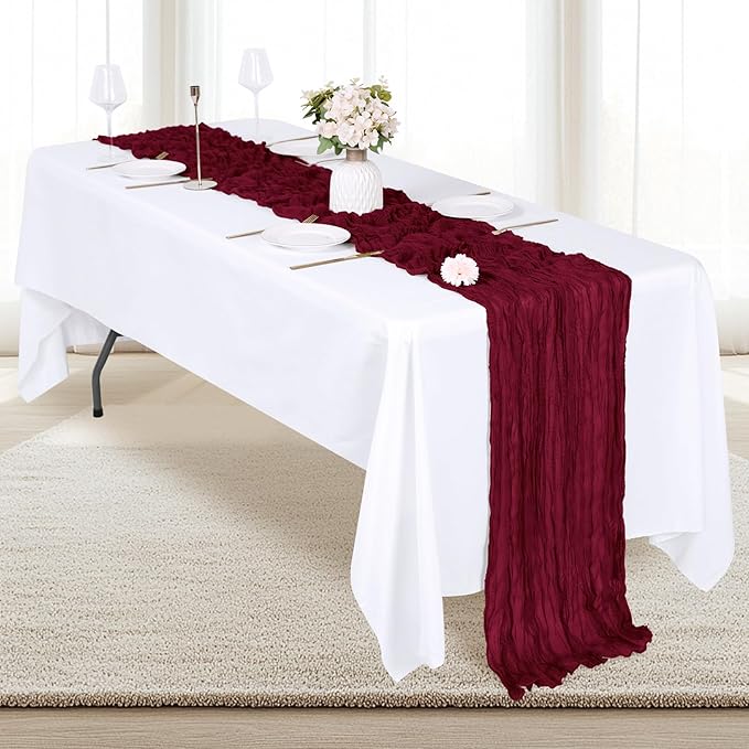 12 Pack Burgundy Cheesecloth Table Runner 17x108 Inch Semi Sheer Boho Gauze Cheese Cloth Fabric Table Runners, for Wedding Party Baby Shower Birthday Home Decor Garden Farmhouse