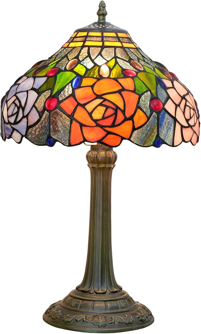 Tiffany Style Stained Glass Lamp Red Orange Purple Pink Rose Table Lamp Bedroom Bedside Reading Desk Light for Living Office Retro Unique Cute Accent Decor 12" Village Gift Nightstand Lamps