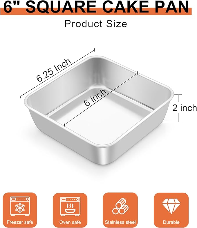 LIANYU 6 Inch Square Baking Cake Pan, Stainless Steel Lasagna Brownie Bread Pan, Perfect for Birthday Party Wedding, Oven & Dishwasher Safe