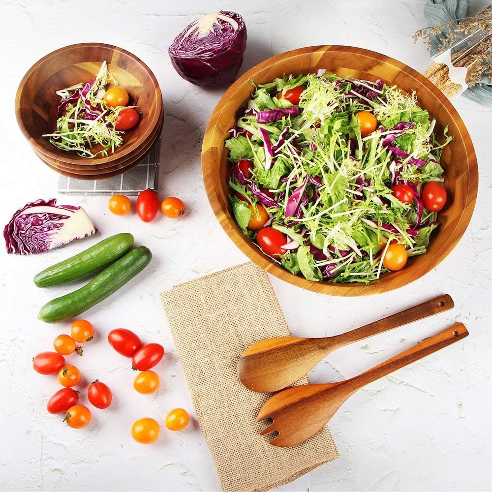 AIDEA Salad Bowls, Wooden Salad Bowls Set, Large Acacia Wood Serving Bowl for Fruits, Salad, 12.5" Big Salad Bowl with Serving Utensils