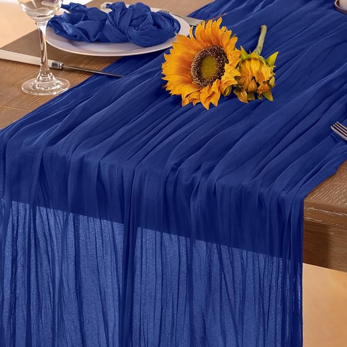 Royal Blue Cheesecloth Table Runner Blue 4 Pack Christmas Table Runnerss Boho Gauze 120 Inches Table Decor for Xmas Holiday Season Parties Weddings Bridal Baby Shower Birthday Parties Decor