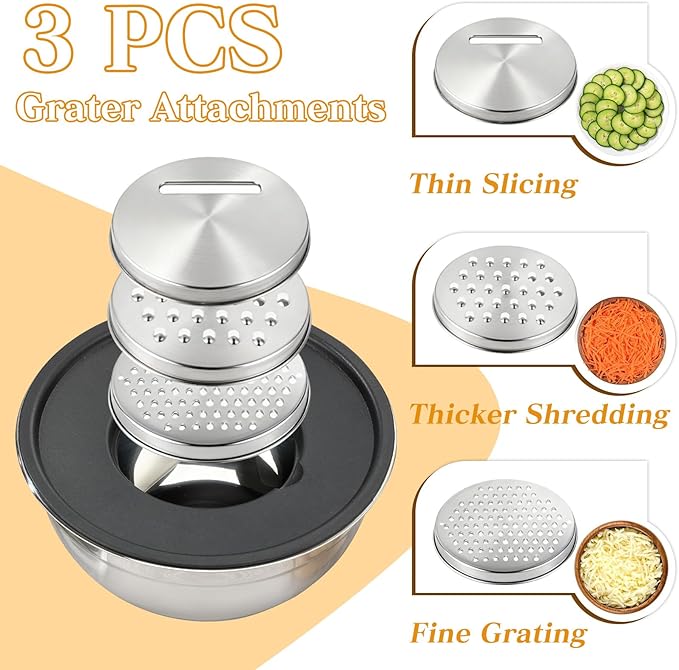 Unokit Mixing Bowls with Lids Set - 7 Pcs Stainless Steel Mixing Bowls with 3 Grater Attachments, Mixing Bowl Set