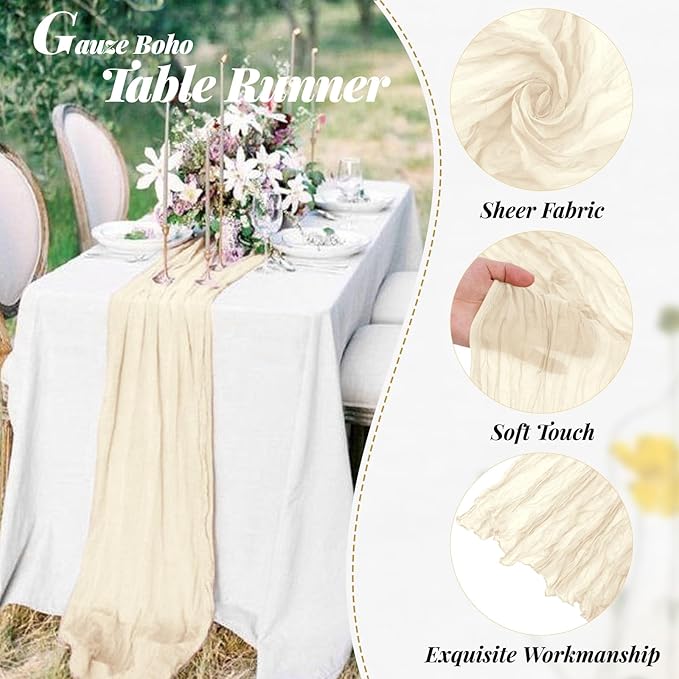Aktor 12 Pack Ivory Cheesecloth Table Runner 10Ft Gauze Table Runner Boho Semi Sheer Cheese Cloth Fabric Runners for Wedding Birthday Baby Shower Party Table Decoration（Ivory）