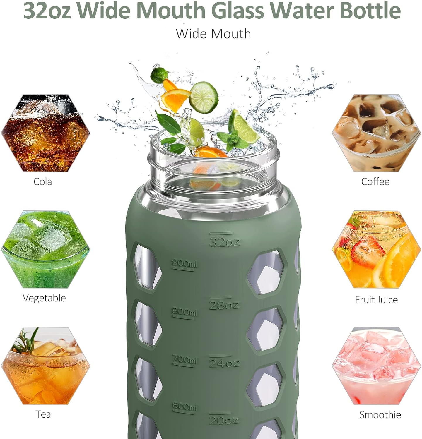 MUKOKO 32oz Glass Water Bottles with 2 Lids-Handle Spout Lid&Bamboo Straw Lid, Motivational Water Tumbler with Time Marker Reminder and Silicone Sleeve, Leakproof-Olive-1 Pack