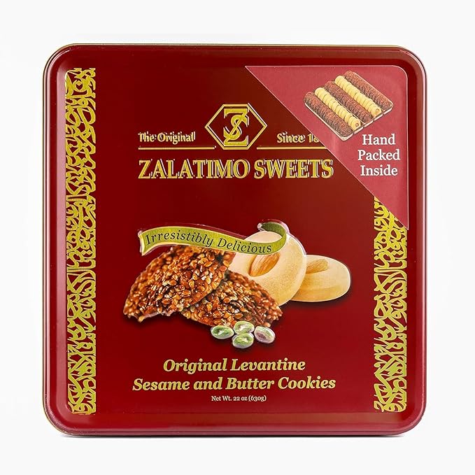 Zalatimo Sweets Since 1860, 100% All-Natural Sesame & Butter Shortbread Biscuits, Slightly Sweet, Square Gift Tin, No Preservatives, No Additives, 1.4 LB