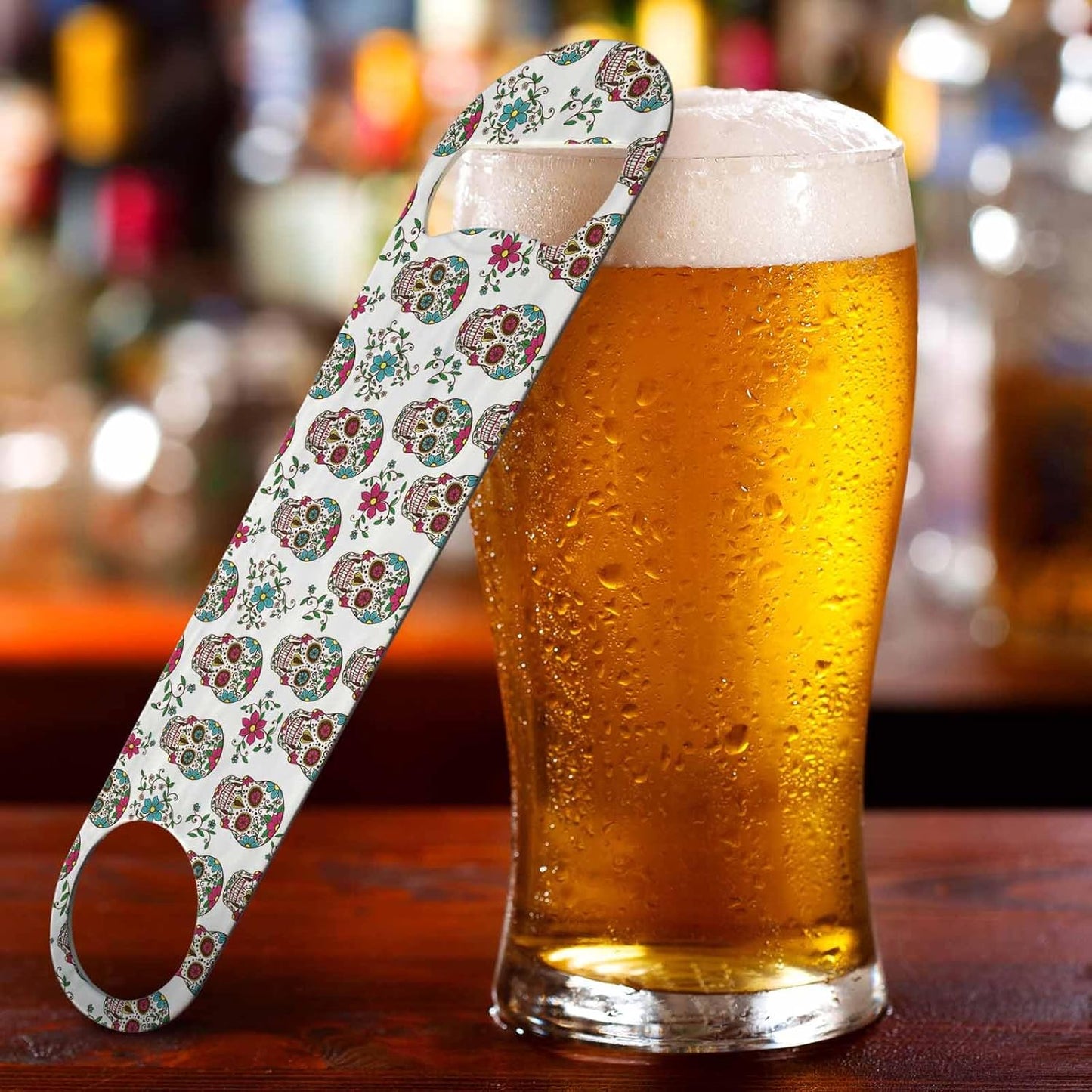 Sugar Skull Stainless Steel Bottle Opener Floral Skeleton Leaf and Flowers Mexico Day of The Dead Halloween Flat Beer Bottle Opener Keychain for Home Kitchen Bar Restaurant Party Birthday Gift