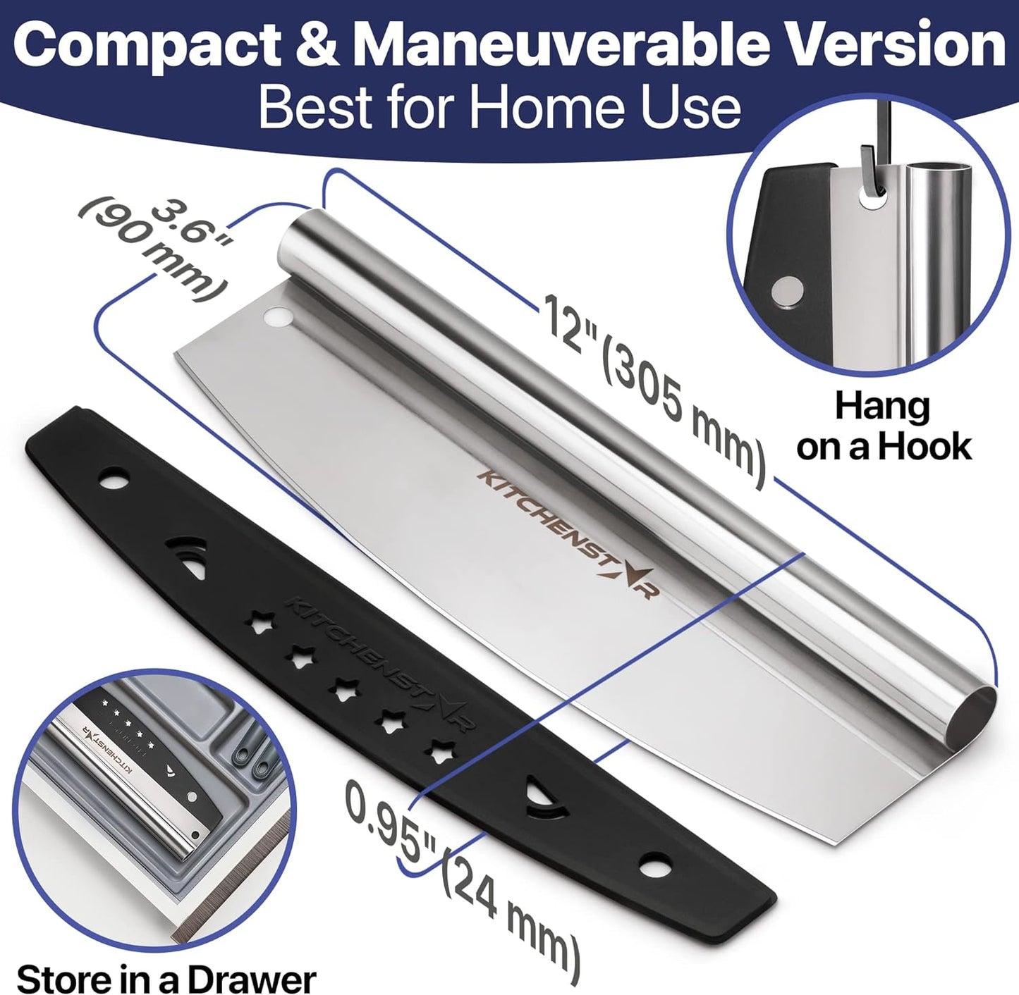 12" Pizza Making Kit (Set of 2) - 12" Pizza Cutter Rocker Knife with Blade Cover + 9.5" Stainless Steel Pizza Peel with Folding Handle- Ultimate Pizza Oven Accessories