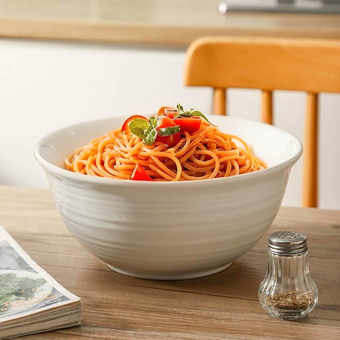 Serving Bowls Set of 2, 9 Inch Large Ceramic Mixing Bowls for Kitchen, Perfect for Salad Pasta Soup Pho Popcorn Baking Cooking, Ideal for Daily Meals Party Dinner Entertaining, White