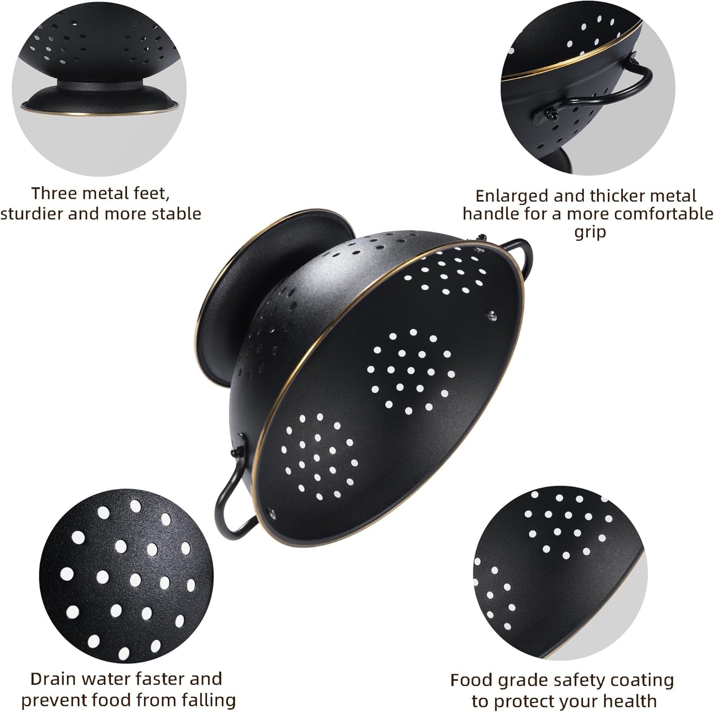 Metal Colander Set of 2, Strainer Basket with Handles perfect for Spaghetti, Pasta, Berry, Vegetable, Fruit, Solid Base Powder Coated Self-draining Kitchen Colander Bowel, 3.5 & 5 Qt, Matte Black