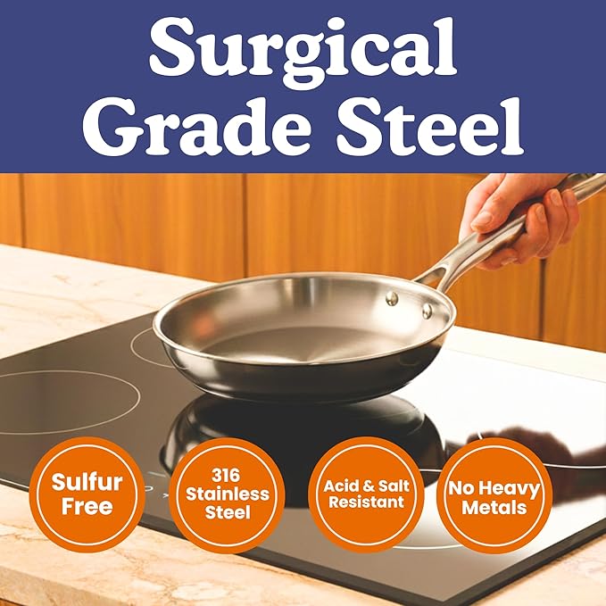 Ziruma Non-Toxic 9.5" Surgical Grade Stainless Steel Frying Pan, Fully Clad for Fast & Even Heat, PFOA-Free, Induction Compatible, Oven Safe to 500°F