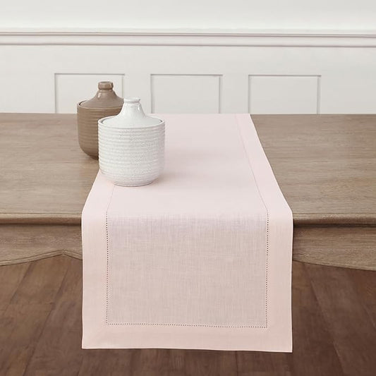 Solino Home Linen Pink Table Runner 48 Inches - Classic Hemstitch, 100% Pure Linen Coffee Table Runner 14 x 48 Inch Ideal for Dresser Tables - Christmas