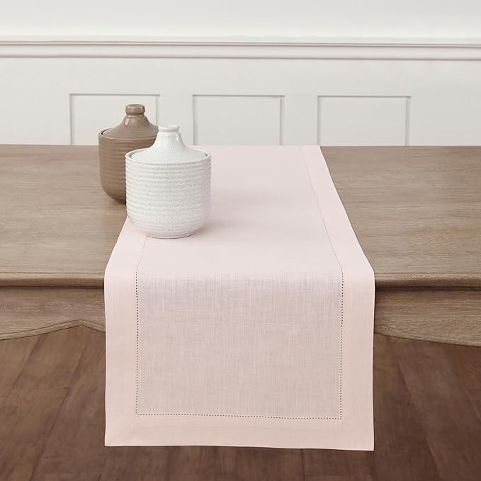 Solino Home Linen Pink Table Runner 144 Inches Long - 100% Pure Linen Extra Long Table Runner 14 x 144 Inch for Christmas - Classic Hemstitch