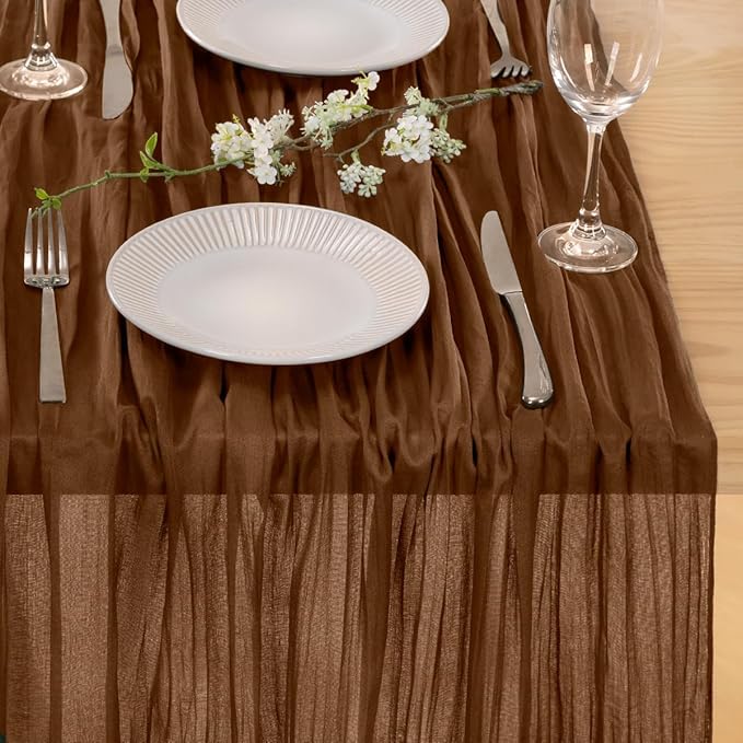 MLMC 3 Pack Brown Table Runner 10ft Boho Rustic Gauze Coffee Cheesecloth Table Runner Neutral Winter Decor 35x120 Inches for Wedding Bridal Shower Reception Party Decor