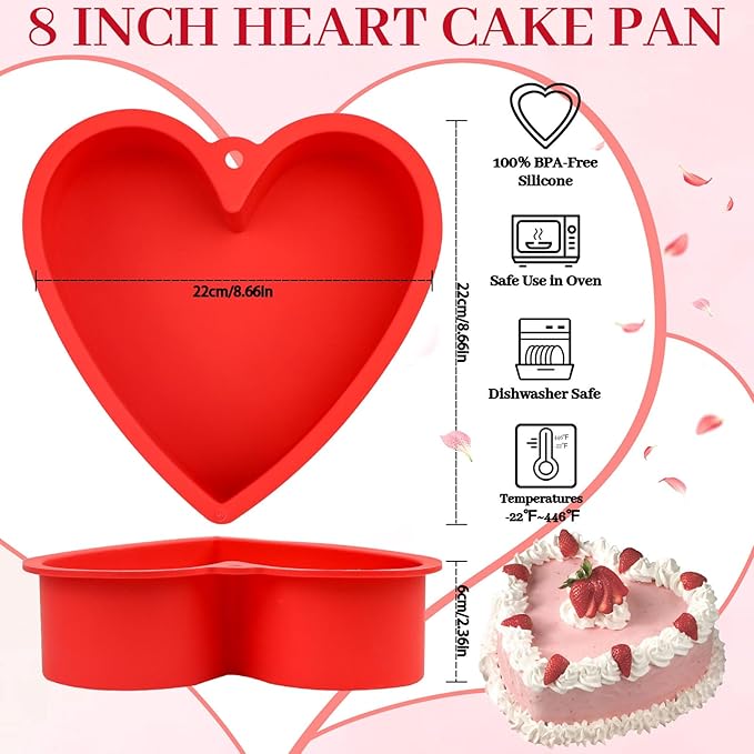 2Pcs Red Heart Shaped Cake Pans, 8 inch Heart Cake Pans Silicone Cake Molds with Hanging Hole, Freezer, Microwave and Oven Safe