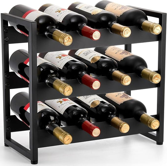 AVLA 12 Bottles Wine Rack Countertop, Freestanding 3 Tier Wine Holder, Liquor Display Storage Organizer Stand, Free Standing Floor Wine Cabinet Shelf for Kitchen Wine Cellar Tabletop Bar Dining Room
