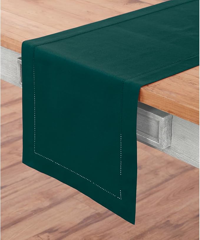 Solino Home Cotton Linen Dark Green Table Runner 120 Inches Long - Hemstitch 14 x 120 Inch Table Runner for Christmas, New Year - Handcrafted and Machine Washable