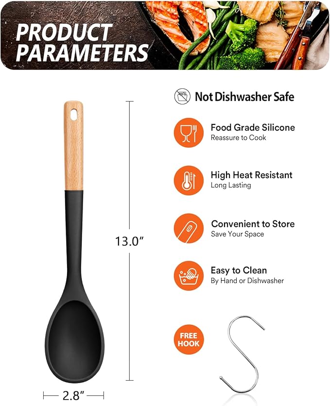 Large Silicone Cooking Spoons, Nonstick Solid Wooden Handle Spoon, Heat Resistan Silicone Kitchen Spoons for Cooking, Serving, Basting, Mixing, 13.2inch (Black)