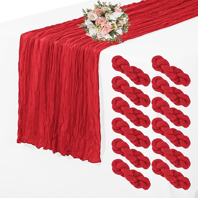 12 Pack Cheesecloth Table Runner 35 x 70 inch Long Boho Cheese Cloth Gauze Table Runners Semi Sheer Table Runner for Wedding Decor, Bridal Shower, Birthday Party (Red)